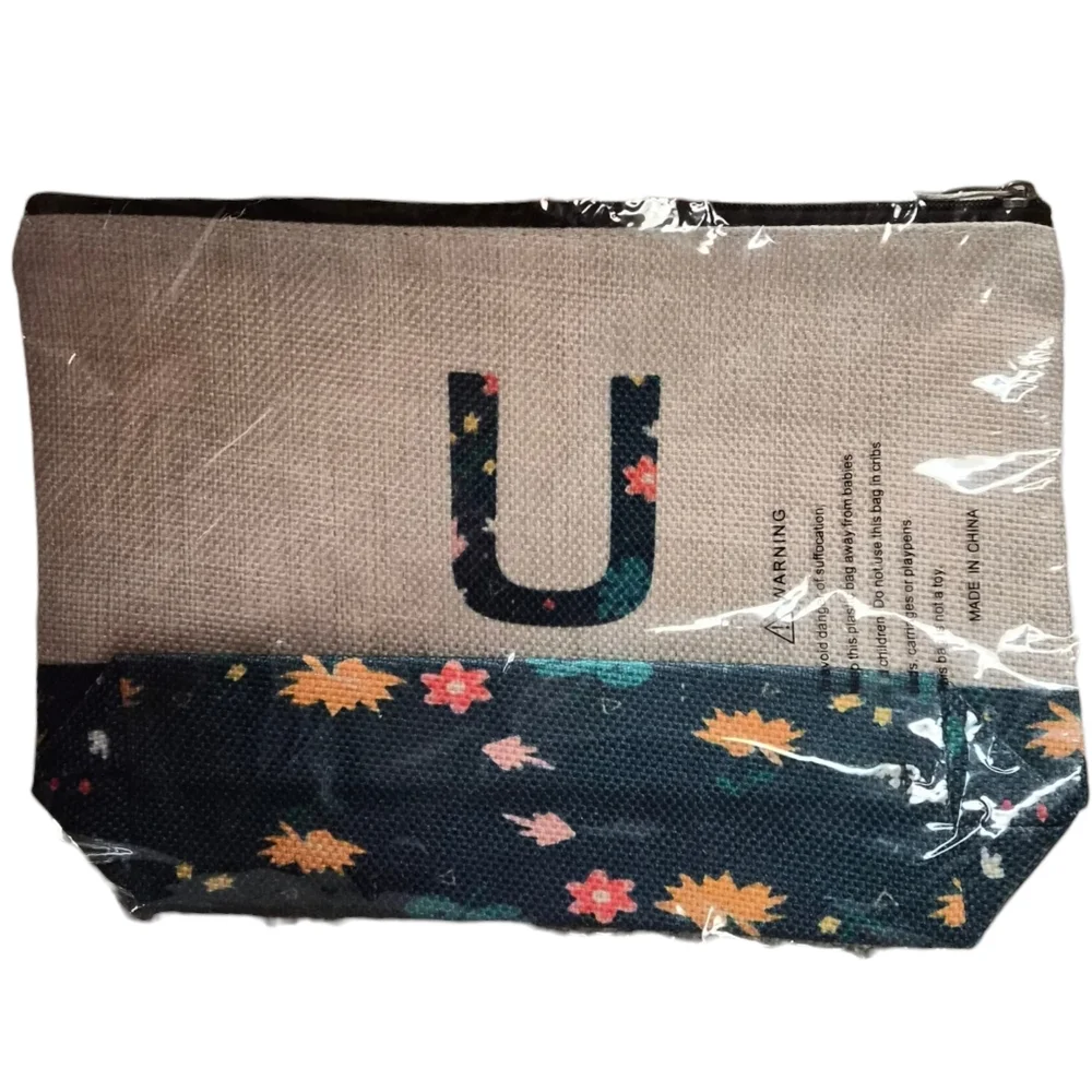 Floral Canvas Zip Pouch with Blue “U” Monogram